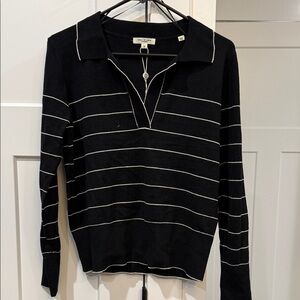 Max Studio Black and White Striped V-Neck Sweater